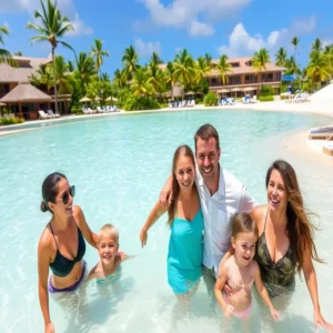 Famílias e casais felizes em resorts luxuosos em Punta Cana.